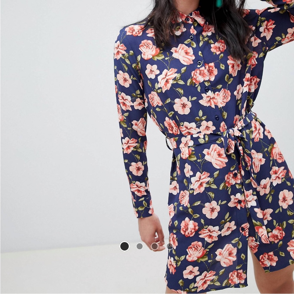 Navy blue with pink flowers long-sleeve button-up shirt dress